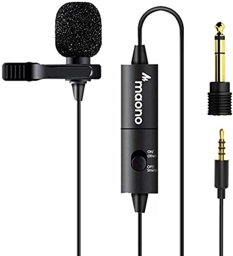 Maono Au-100 Auxiliary Omnidirectional Lavalier Clip On Collar Microphone For Mobile Phone, Camera With 6M Audio Cable, 3.5 Mm Trrs Plug And 6.35 Mm Adapter (Black)