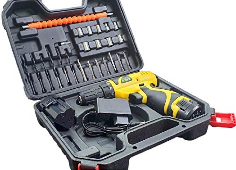 Cheston Cordless Drill Driver Kit With 24 Drilling Accessories And Screwdriver 10 Mm Keyless Chuck With 2 Batteries Led Torch Reversible Variable Speed And Torque Setting (19 And 1, Yellow)