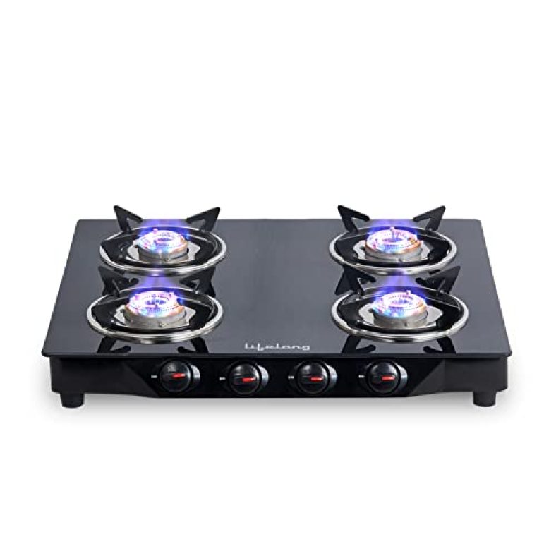 Lifelong Glass Top Gas Stove, 4 Burner Gas Stove, Black (Isi Certified,1 Year Warranty With Doorstep Service)
