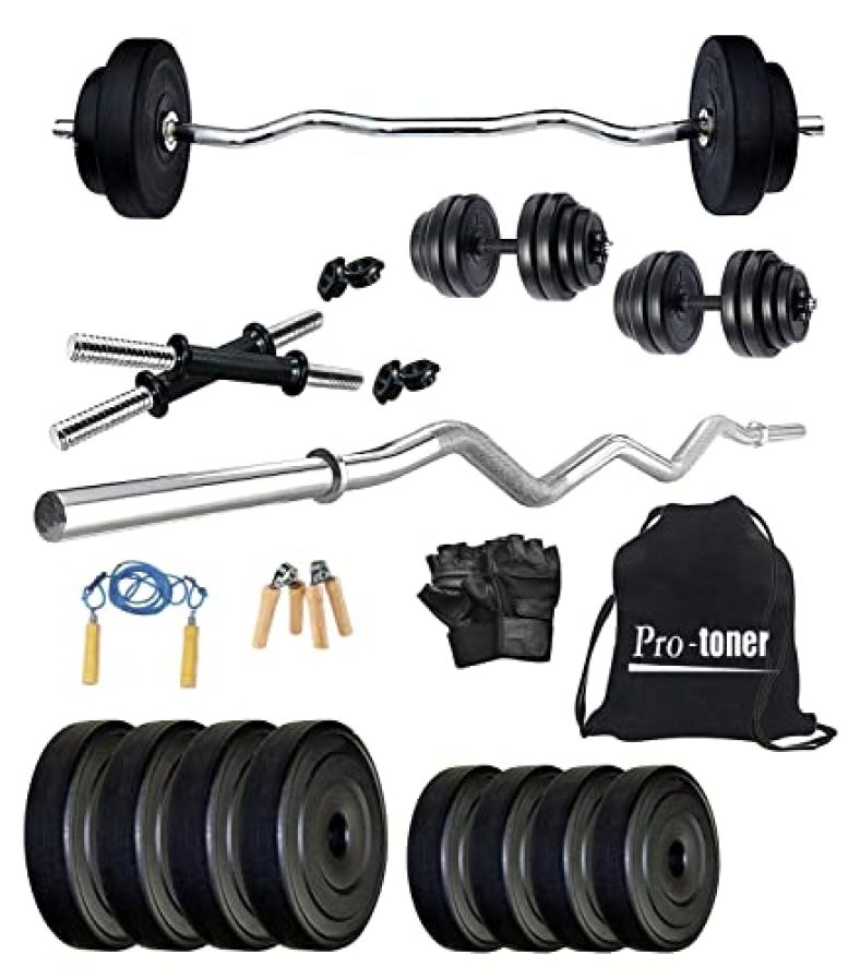 Protoner Home Gym 12 Kgs, 3 Kg X 4 Plates, 1 X 3 Feet Bar,2 X Dumbbell Rods, Gloves, Gripper, Gym Bag And Skipping Rope