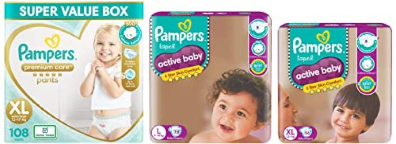 Pampers Premium Care Pants & Active Baby Taped Diapers, Large Size Diapers, (Lg) 78 Count, Taped Style Custom Fit & Active Baby Taped Diapers, Extra Large Size Diapers, (Xl) 56 Count