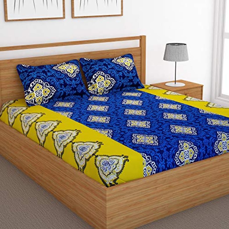Story@Home 120 Tc Candy Motif Cotton Double Flat Bedsheet With 2 Pillow Cover – Blue & Yellow