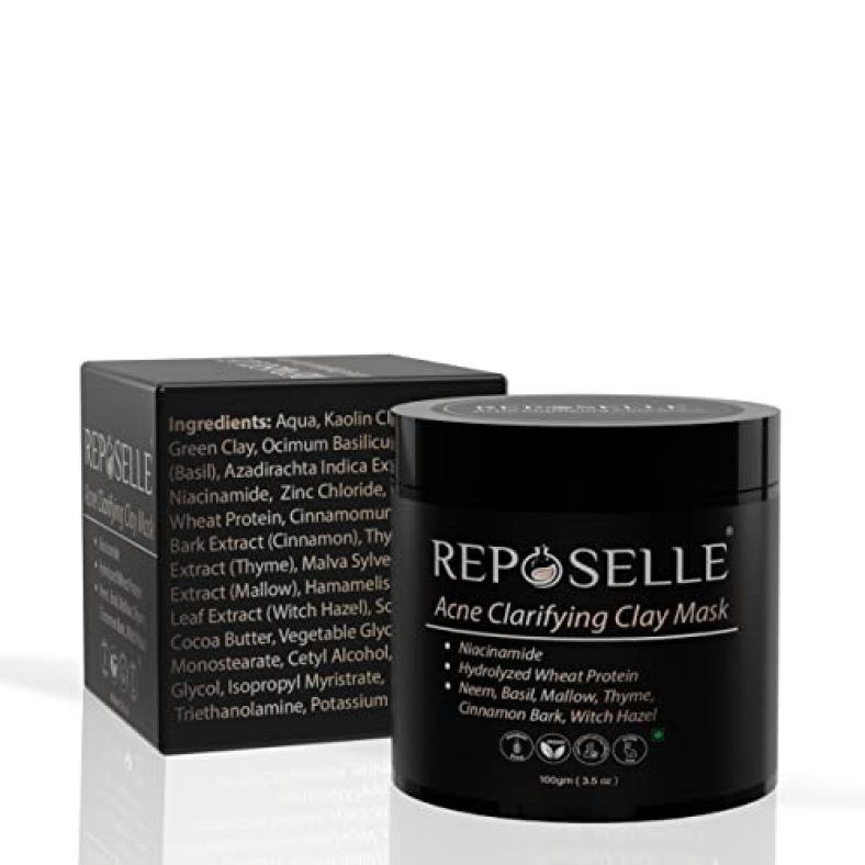 Reposelle Acne Clarifying Clay Mask | Pore Minimizer, Anti-Acne, Soothing | French Green Clay Mask | Non-Irritant | Suits All Skin Types | Fragrance-Free | 100 Gm
