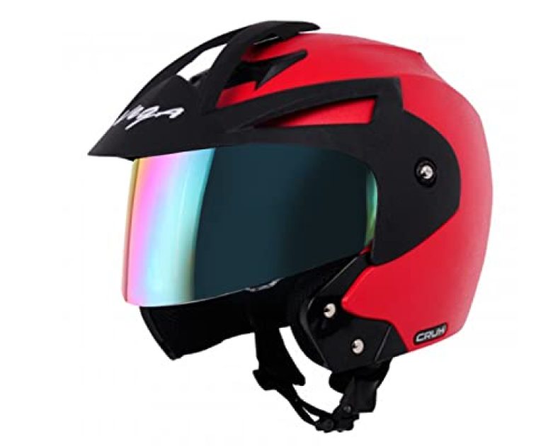 Vega Crux Open Face Red Helmet With Clear Visor And Extra Rainbow Visor-L