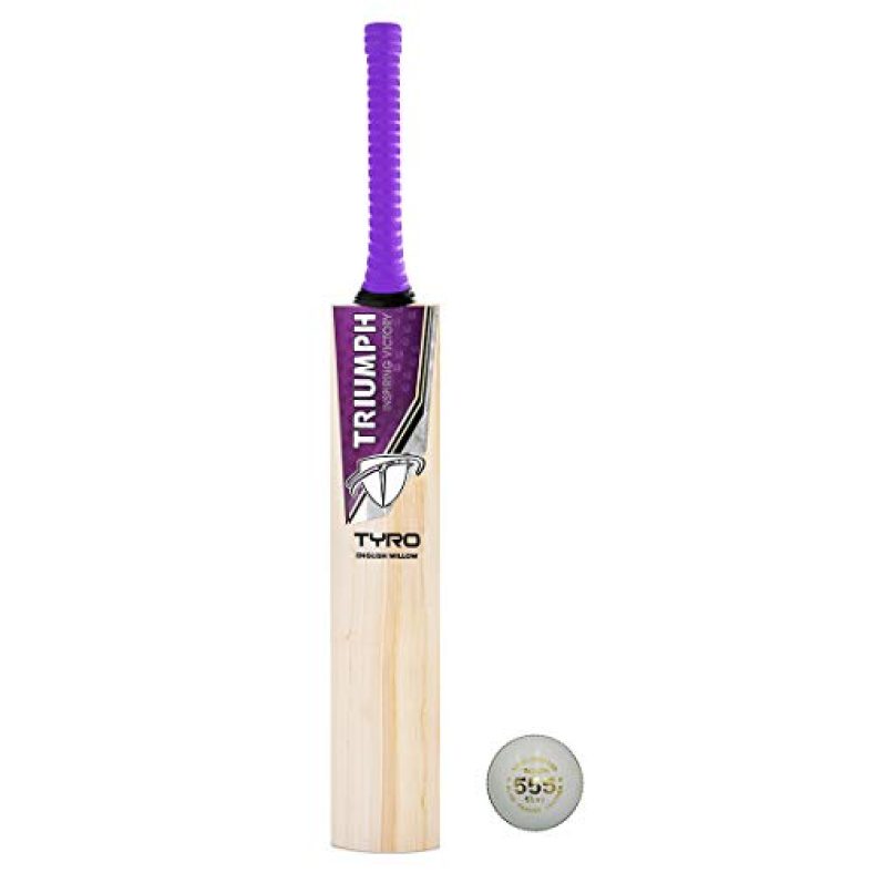 Triumph Tyro English Willow Professional Cricket Bat For Mens | Ready To Play | Light Weight With Tr-555-W Cricket Leather Ball Allum Tanned White