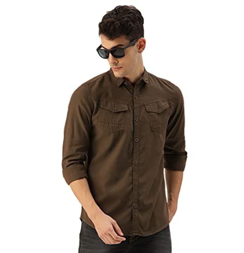 Diverse Men’S Slim Fit Casual Shirt (Dcmcf99Sc22L40-4448P_Dark Brown M)
