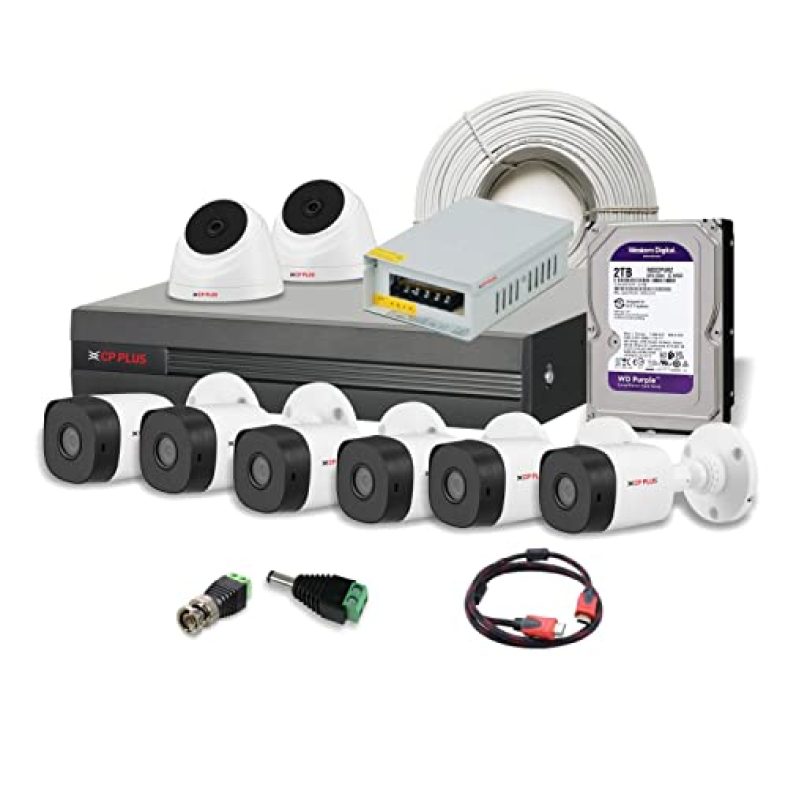 Cp Plus 2.4Mp Indoor Dome Cameras (2 Pcs), Outdoor Bullet Cameras (6 Pcs), 8Ch Dvr Without Hd (1 Pc), 90 Mt Co-Axial Cable, 2Tb Hdd, Hdmi Cable, Bnc And Dc