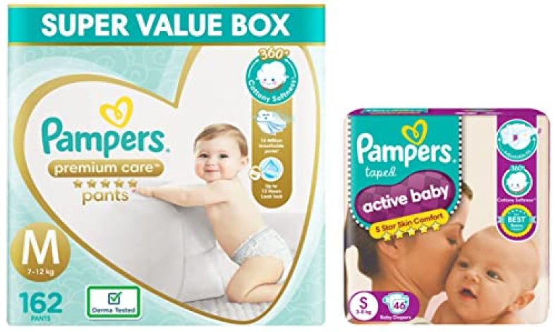 Pampers Premium Care Pants, Medium Size Baby Diapers (Md), 162 Count, Softest Ever Pampers Pants & Pampers Active Baby Taped Diapers, Small Size Diapers, (Sm) 46 Count, Taped Style Custom Fit