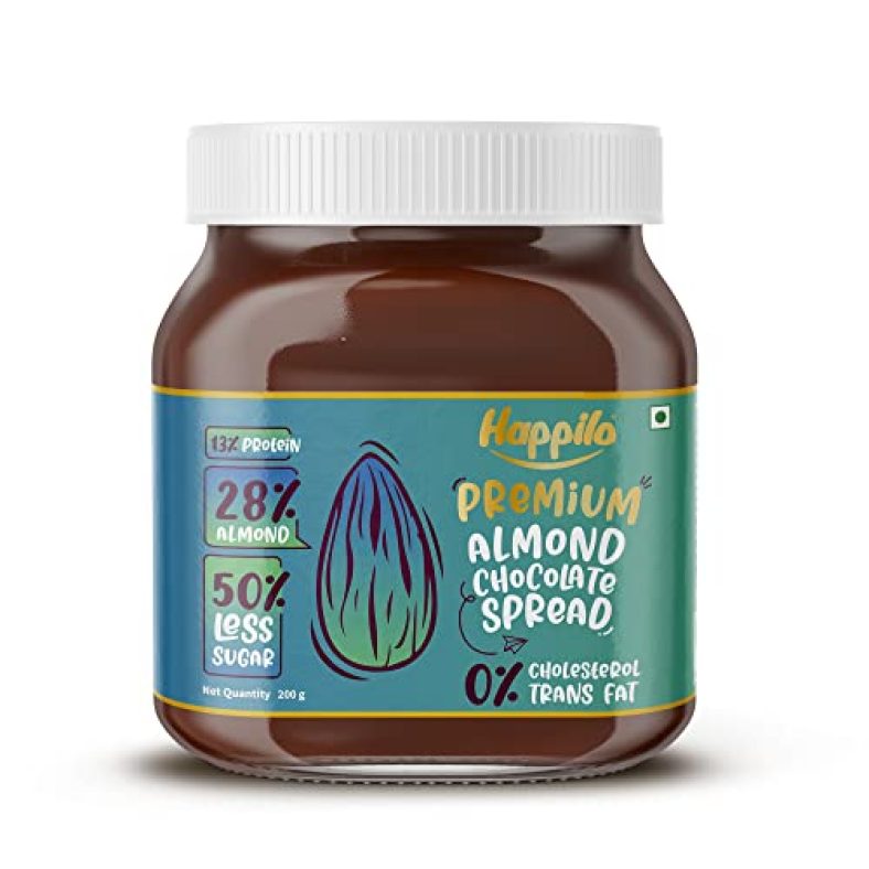Happilo Premium Almond Chocolate Spread, Delicious And Low-Carb Chocolate Spread With Goodness Of California Almonds, High Protein Low Sugar Sweet Dessert, Smooth & Creamy Guilt-Free Diet Snack, No Cholesterol And Trans-Fat, 200G