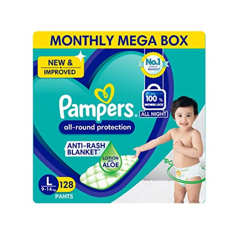 Pampers All Round Protection Pants, Large Size Baby Diapers, (L) 128 Count Lotion With Aloe Vera