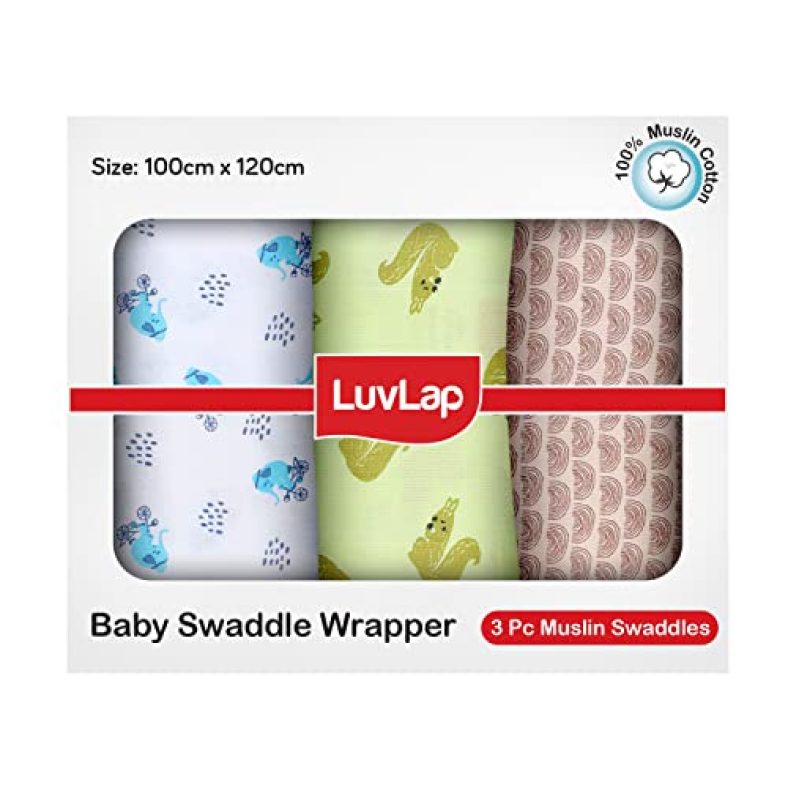Luvlap 100% Cotton Muslin Baby Swaddle Set, Printed Muslin Swaddle Wrap For New Born Baby, Size-120Cm X 100Cm, 0-18 Month+, Pack Of 3 (Elephant Squirrel Print)