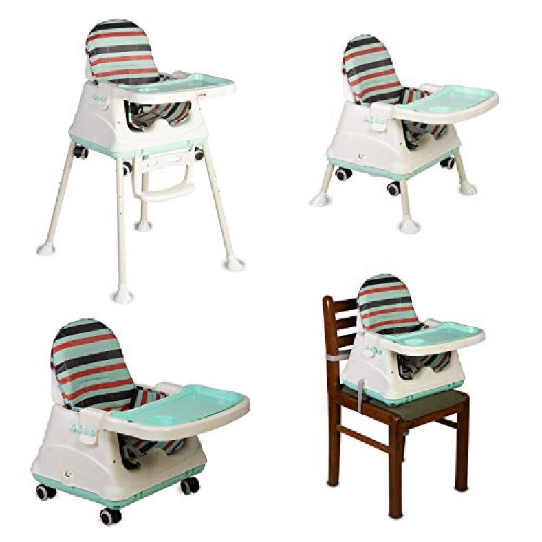 Luvlap 4In1 High Chair For Baby/Kids, Toddler Feeding Booster Seat With Wheels, 3 Height Adjustments, With Cushion, 6 Month To 3 Years, Portable (Blue)