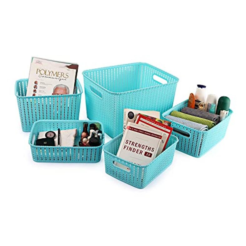 Cello Style Knit Basket Without Lid, Set Of 5, Blue,Plastic