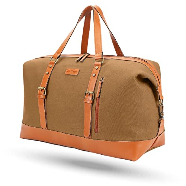 Aircase Canvas Designer Sling Duffle Bag With Pu Leather, Detachable Shoulder Strap, Easy To Clean & Durable Cabin Luggage Hand Bag For Travel/Gym/Business, For Men & Women, Mustard- 6 Month Warranty
