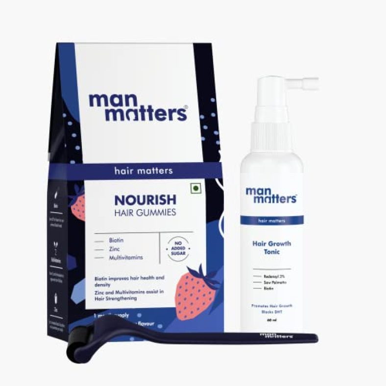 Man Matters Hair Growth Kit | Biotin Hair Gummies 60 Days Pack, Hair Tonic 90Ml & Activator Derma Roller With 0.5Mm Needles | Reduces Hair Fall & Promotes Healthy Hair