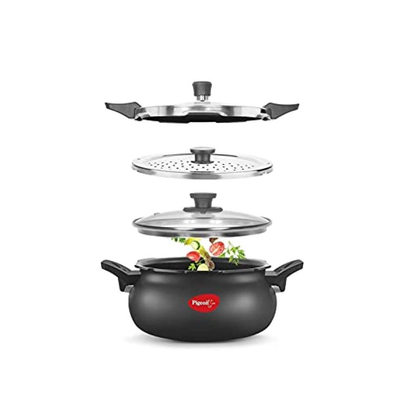 Pigeon By Stovekraft All In One Ceramic Super Outer Lid Cooker, 5 Liters, Black/Transparent – Aluminium & Stainless Steel