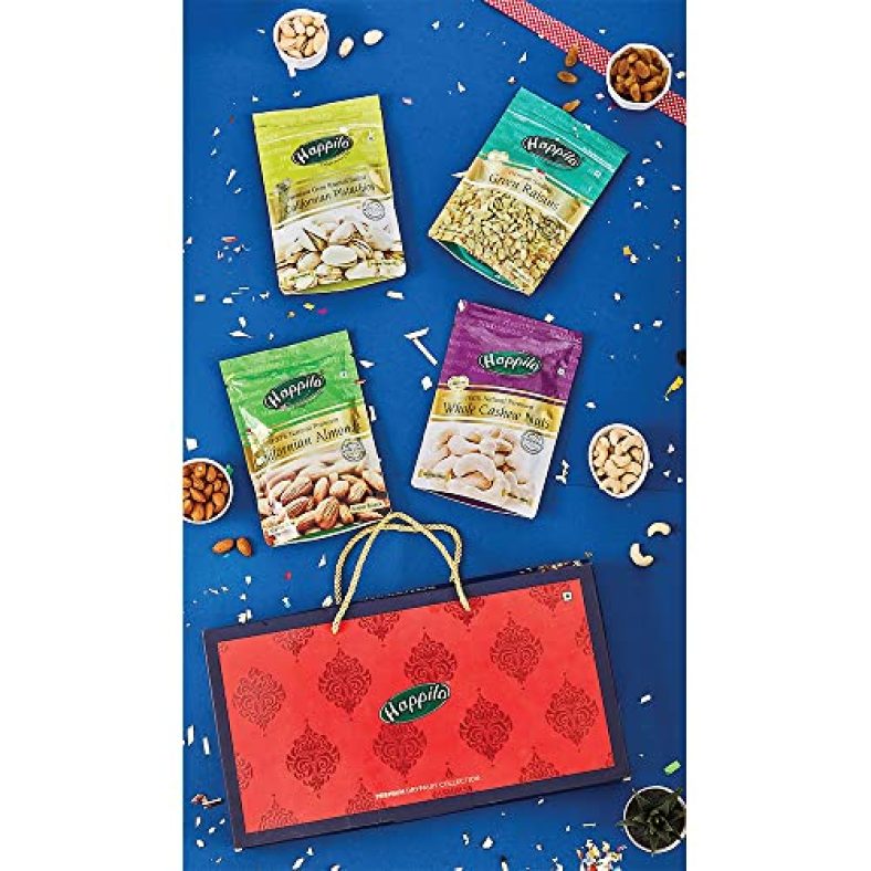 Happilo Dry Fruit Celebrations Gift Box Iris For Corporate Gifts | Family, Friends, Office Clients Occasion, Celebration, New Year, Function, Gift | – California Almonds, Premium Cashews, Raisins & Salted Pista, Mixed Nut, 80 G + 80 G + 150 G + 80 G