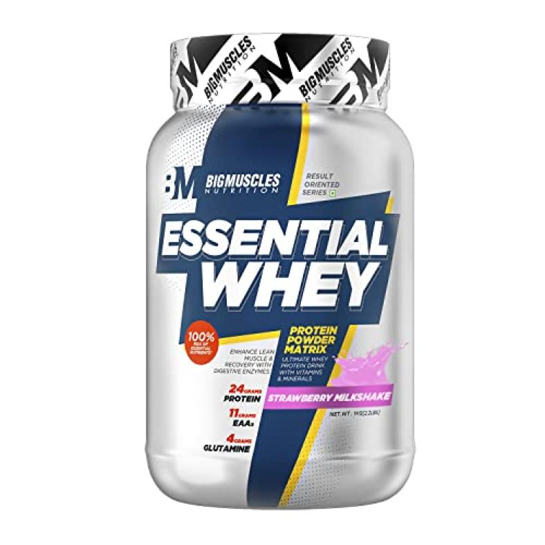 Bigmuscles Nutrition Essential Whey Protein 1Kg [Strawberry Milkshake] | 24G Protein Per Serving With Digestive Enzymes, Vitamin & Minerals, No Added Sugar | Improved Strength , Faster Recovery & Muscle Building