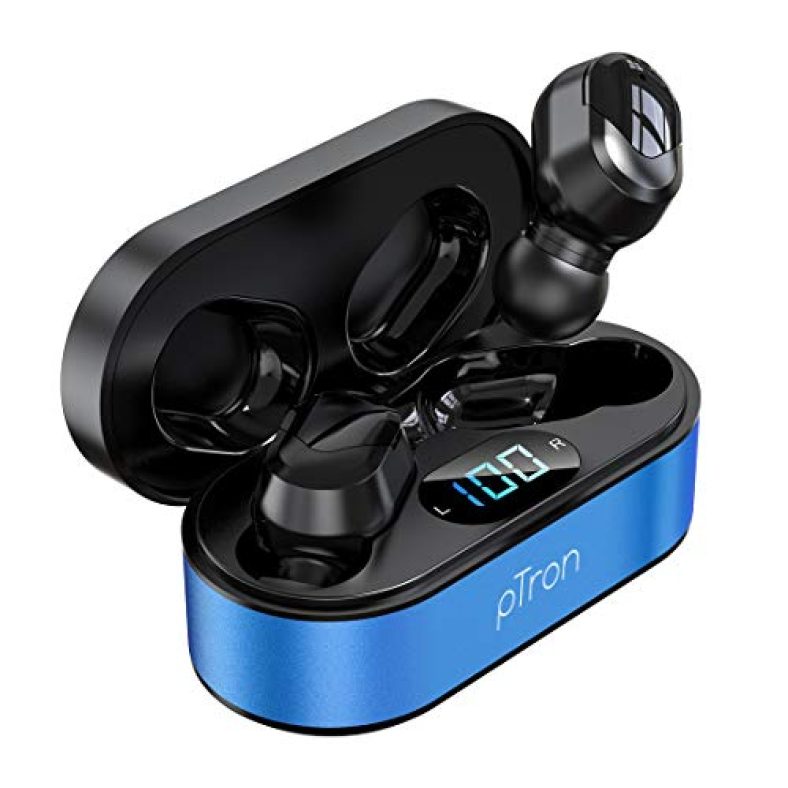 Ptron Bassbuds Plus True Wireless Bluetooth 5.0 In Ear Earbuds With, Deep Bass, Ipx4 Water/Sweat Resistant, Passive Noise Canceling, Up To 8Hrs Battery,Digital Display & With Mic(Blue & Black)