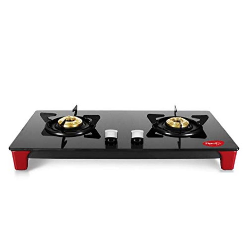 Pigeon Infinity Gas Cooktop With Glass Top And Stainless Steel Body 2 Burner Gas Stove, Manual Ignition, Black