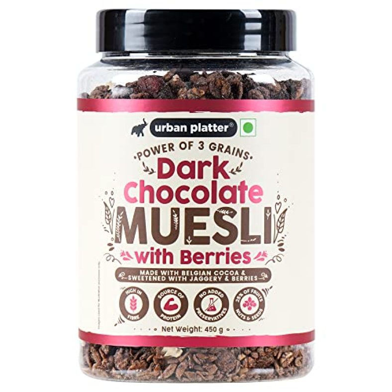 Urban Platter Dark Chocolate Muesli With Berries, 450G (Made With 25% Of Fruits, Nuts & Seeds | Source Of Protein | High In Fibre | Healthy Multigrain Breakfast Cereal | Enjoy As A Snack, With Milk, In Yogurt, Smoothie Bowls)