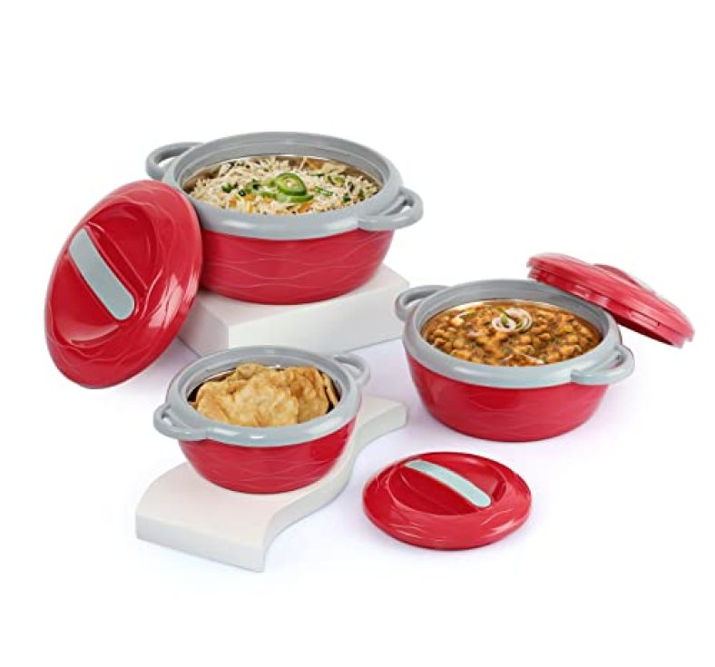 Cello Stainless Steel Hot N Fresh Casserole Set With Inner Steel, Set Of 3 (500Ml, 1000Ml, 1500Ml), Red