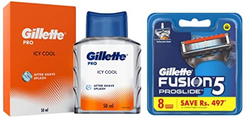 Gillette Flexball Fusion Proglide Blades – 8 Cartridges & Gillette Pro After Shave Splash Icy Cool 50Ml, White