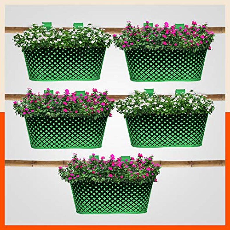 Patio By Bathla – Dia Oval Diamond Hanging Metal Pot Holders / Planters For Home / Balcony / Garden |Corrosion Resistant With Detachable Double Hooks |Green – Set Of 5