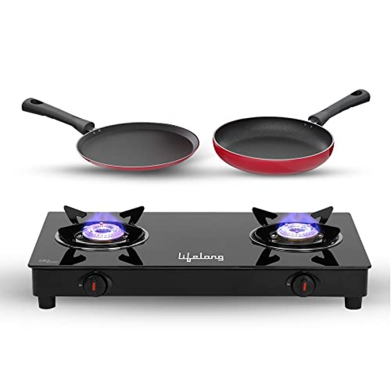 Lifelong Llcmbgs912 High Efficiency 2 Burner Auto Ignition Glass Top Gas Stove For Lpg Use With Dosa Tawa And Fry Pan Combo (Black)
