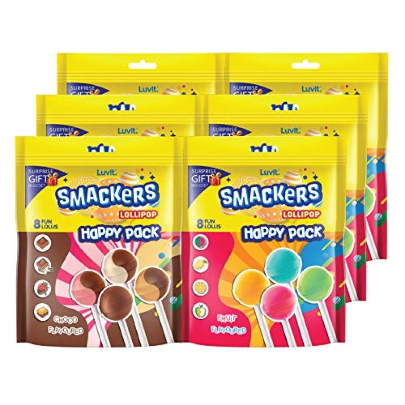 Luvit. Smackers Fruit And Chocolate Flavoured Lollipops Pack Combo , 576G – Pack Of 6