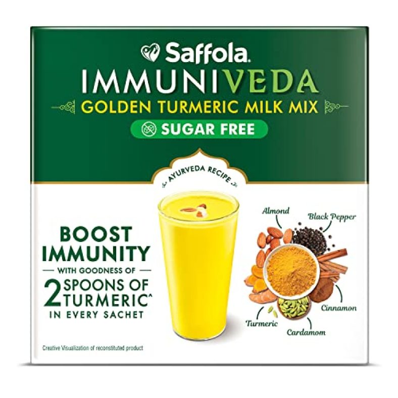 Saffola Immuniveda Golden Turmeric Milk Mix Sugar Free – 130G – Ayurvedic Immunity Booster Haldi Doodh |Healthy Drink For Kids & Adults, Yellow