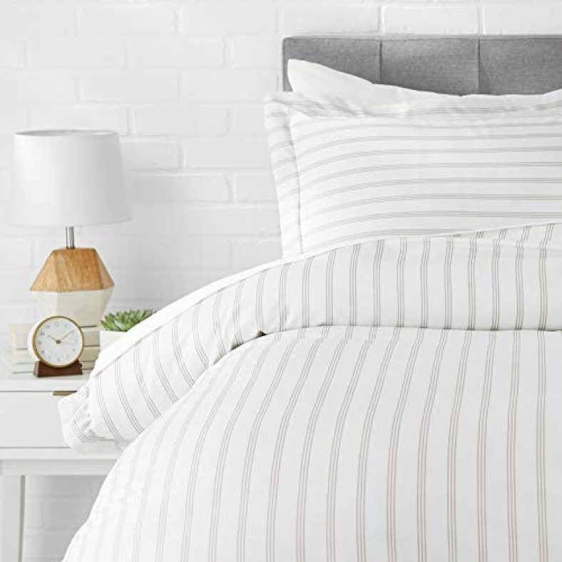 Amazon Basics Microfiber 2-Piece Quilt/Duvet/Comforter Cover Set – Single (66X90-Inch), Grey Striped – With Pillow Cover