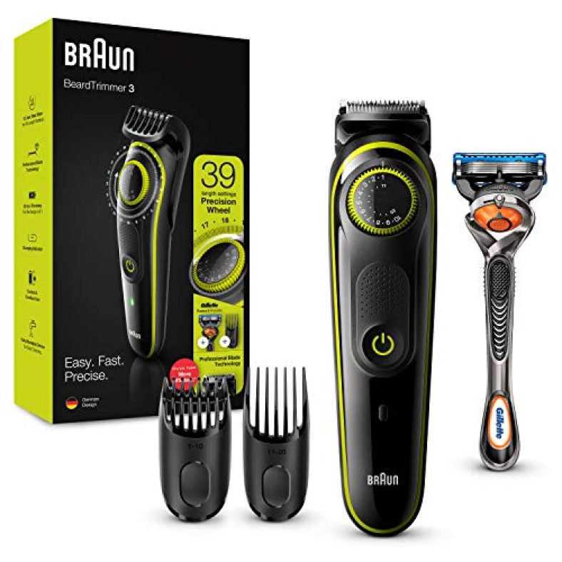 Braun Beard Trimmer Bt3241 With Precision Dial, 2 Combs And Gillette Fusion5 Proglide Razor Trimmer 80 Min Runtime 39 Length Settings (Black)