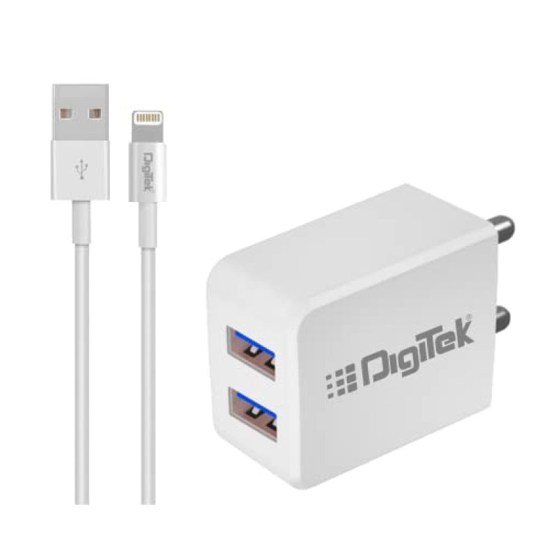 Digitek (Dmc-101 Ltc) Dual Port Usb Travel Charger 5V/3.1A Wall Charger With Hd Lightning Cable, Fast Charging Adapter Suitable For Smartphones, Tablet, Iphones, Ipods, Ipad, Mobile Phones & Other Usb Devices.