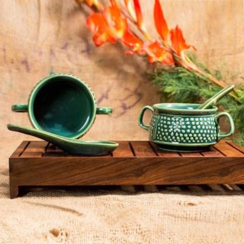 Caffeine Handmade Ceramic/Stoneware Bubble Double-Handled Soup Bowl With Spoon (Green) Set Of 2