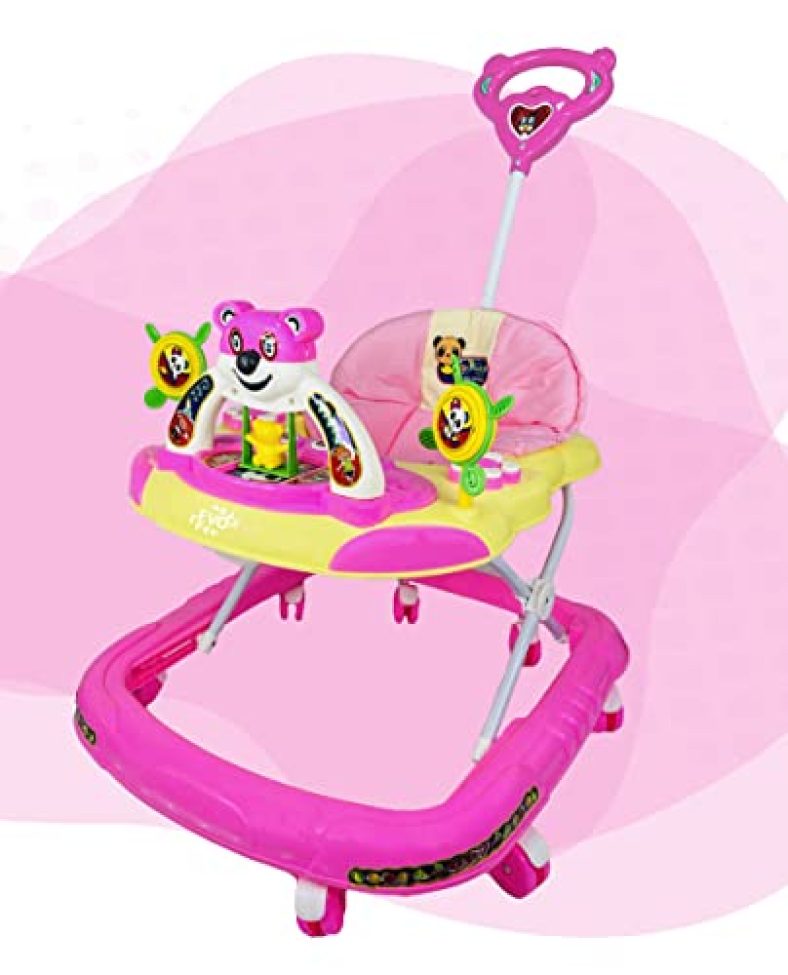 Evoshine® Panda 007 Smart Musical Round Toddler Baby Walker With Comfy 3-In-1 Height Adjustable With Light And Musical Toy Bar And Ultra Soft Seat For Kids (6 Month + Age) (Kids Walker) (Handle Pink)
