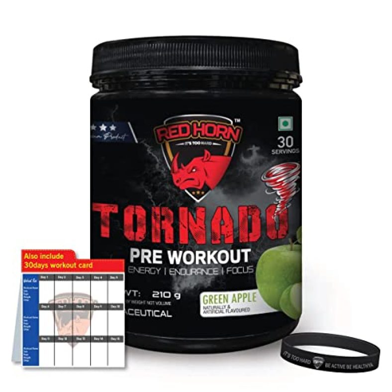Red Horn Tornado Pre Workout Newly Launched Supplement Powder With Beta Alanine, Taurine, Citrulline & Organic Caffeine For Energy, Focus, Performance, Strength, Stamina (Green Apple, 30 Servings)