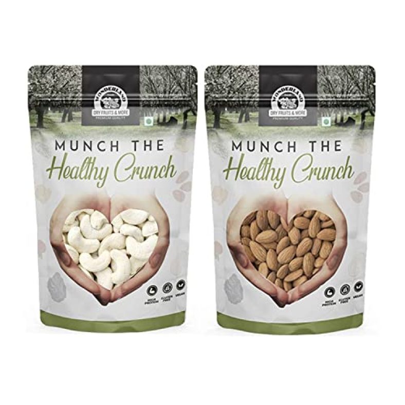 Wonderland Foods – California Almonds & Whole Raw Cashew (Kaju) W320-Grade | 1Kg (500G X 2) Combo Pack