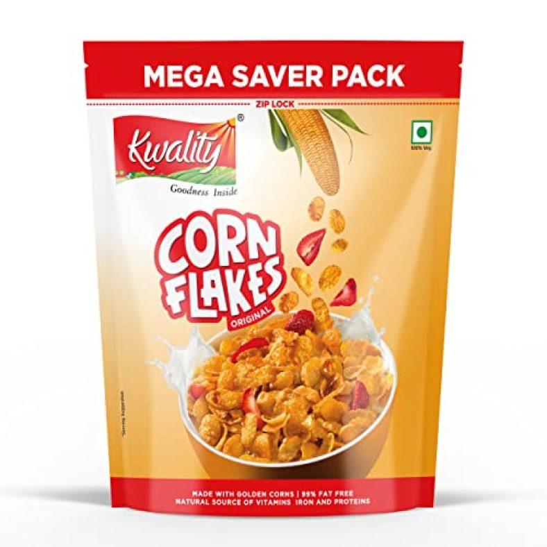 Kwality Golden Corn Flakes – Crispy And Delicious Breakfast Cereal Made With 100% Natural Corn – 99% Fat Free, No Preservatives Or Colors, Protein Source, Cholesterol-Free (800G, Pack 1)