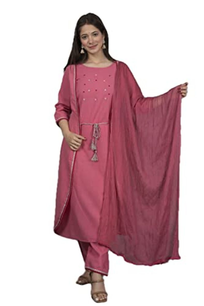 Oruvan Cotton Solid Embroidered Jacket Style Kurta Pant Dupatta Set For Women (M, Pink)