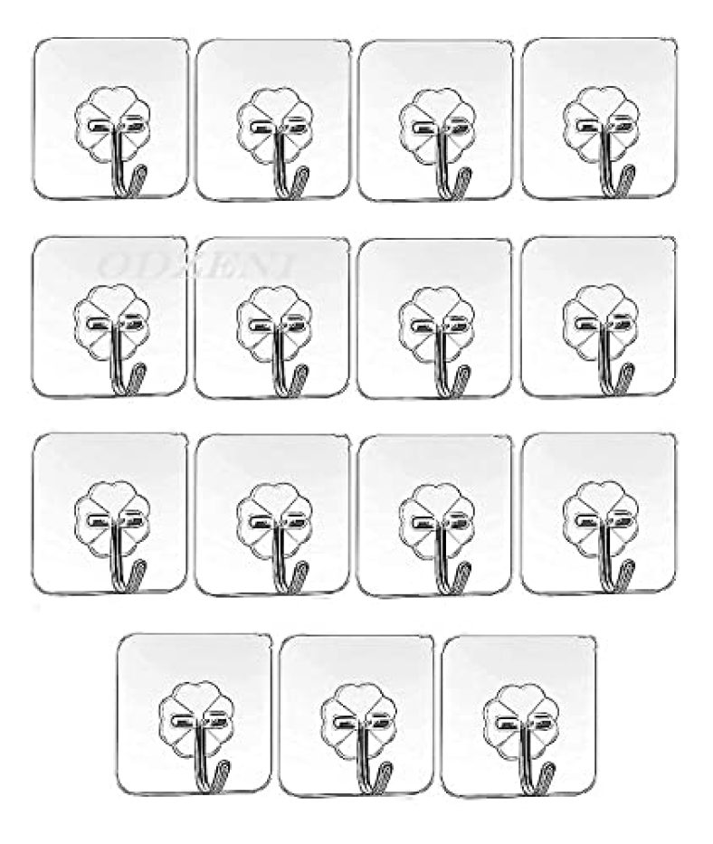 Odzeni Waterproof Stick On Adhesive Stronger Plastic Wall Hooks Hangers For Hanging Robe, Coat, Towel, Keys, Bags, Lights, Calendars, Max Load 15 Kg -Transparent (Pack Of 10)