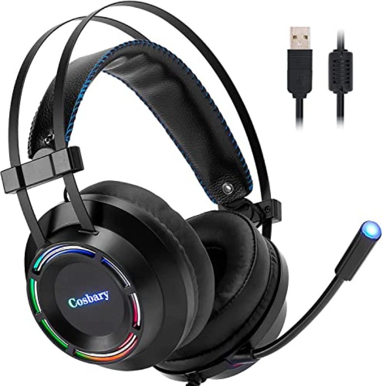 Cosbary 7.1 Wired Over Ear Usb Gaming Headset With Mic, Rgb, Noise Cancelling, Adjustable Padded Headband And Ear Cushions, 50Mm Drivers, Widely Compatible For Long Time Gaming (Black)