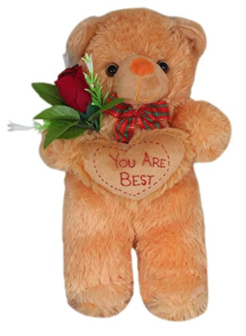 Tickles Plush Brown Standing Teddy With Rose Soft Plush Animal Soft Toy For Kids (Size: 32 Cm)