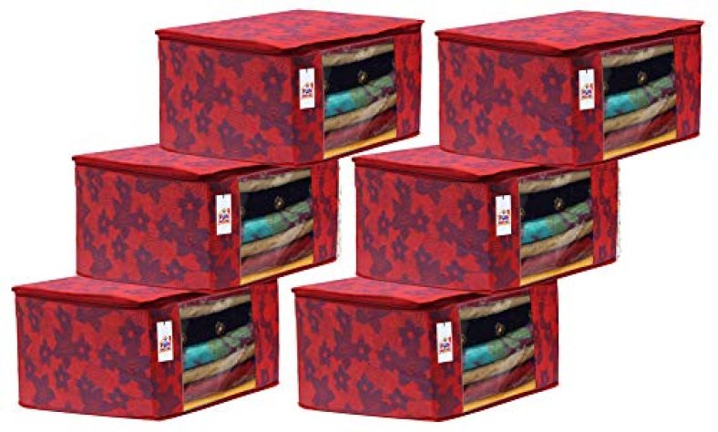 Fun Homes Metalic Printed 6 Pieces Non Woven Fabric Saree Cover/Clothes Organiser For Wardrobe Set With Transparent Window, Extra Large (Red)