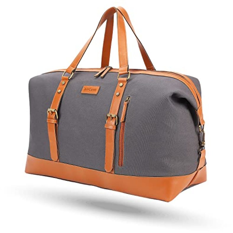 Aircase Canvas Designer Sling Duffle Bag With Pu Leather, Detachable Shoulder Strap, Easy To Clean & Durable Cabin Luggage Hand Bag For Travel/ Gym/ Business, For Men & Women, Grey
