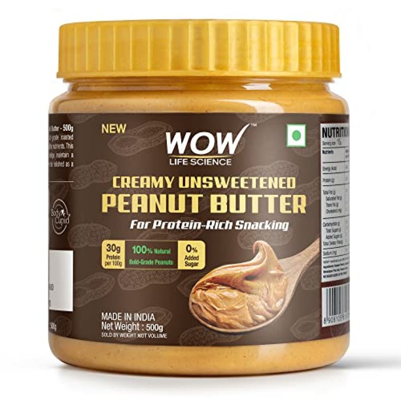 Wow Life Science – Peanut Butter Unsweetened (Creamy) – 500 Gm | 100% Natural | High Protein With 30G Protein Per 100G | For Protein Rich Snacking – Weight Management, Muscle Building And Healthy Lifestyle