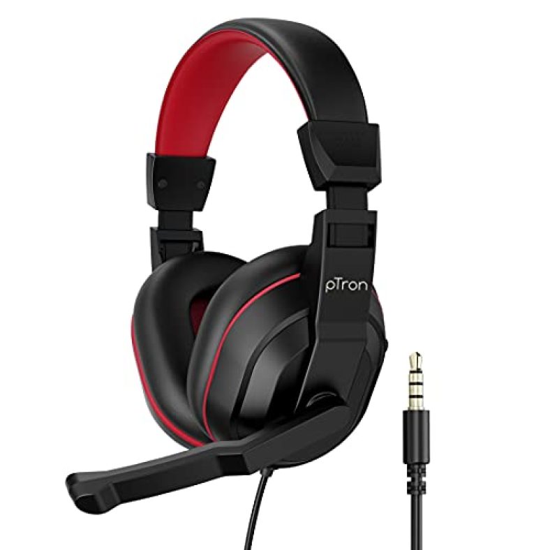 Ptron Studio Lite Stereo Sound Wired Headphones, Ergonomic Over-Ear Headset For Work From Home, Adjustable Mic & Integrated Volume Control, 3.5Mm Aux Jack & 1.3 Meter Tangle-Free Cord (Black & Red)