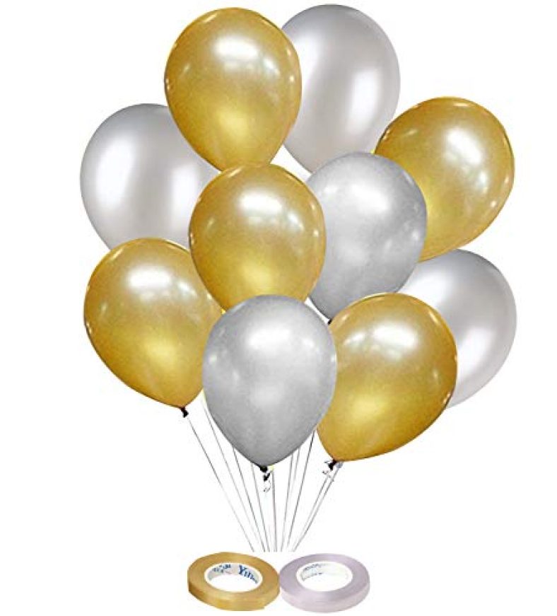 Amfin Balloons (Golden And Silver, 10-Inch) – Pack Of 50