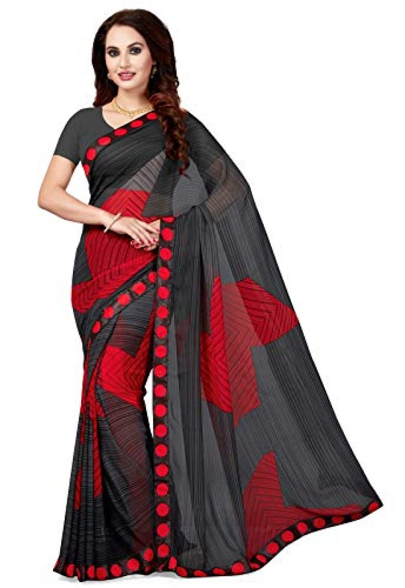 Ishin Poly Georgette Black Printed Women’S Saree/Sari With Lace