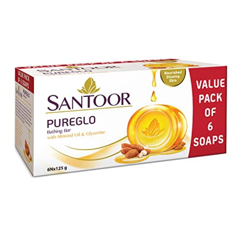 Santoor Pureglo Glycerine Bath Soap With Almond Oil For Moisturized, Nourished And Shining Skin, 125G (Pack Of 6)